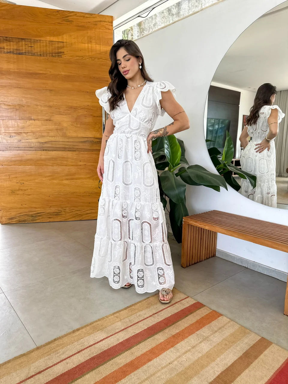 Vestido Glória Longo de Algodão Bordado Branco