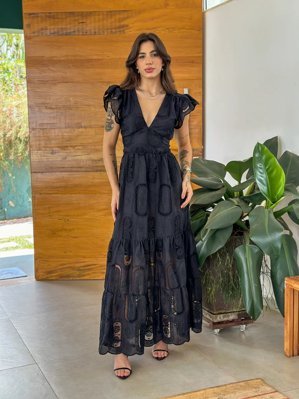 Vestido Glória Longo de Algodão Bordado Preto