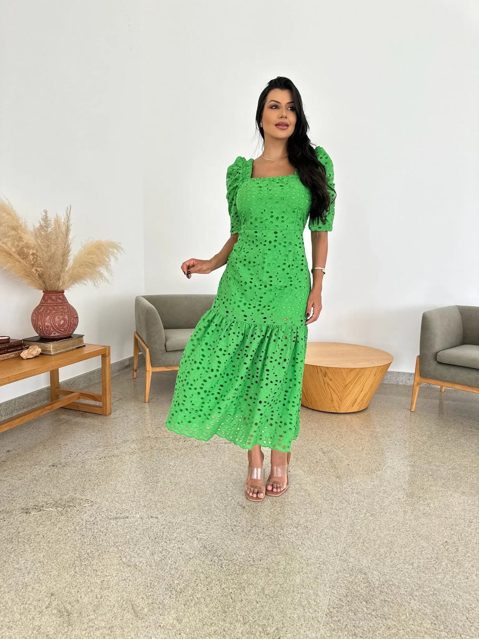 Vestido Midi Graça de Laise Verde Primavera