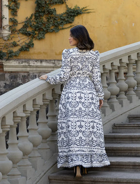 Vestido Luzia linho Bicolor Branco com Azul Marinho