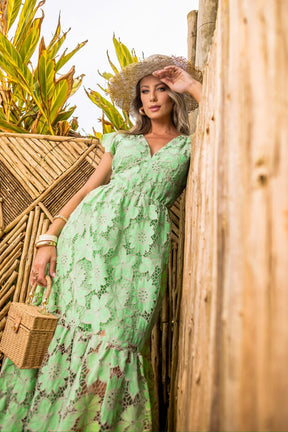 Vestido Glória Longo de Renda Bicolor Verde com Bege