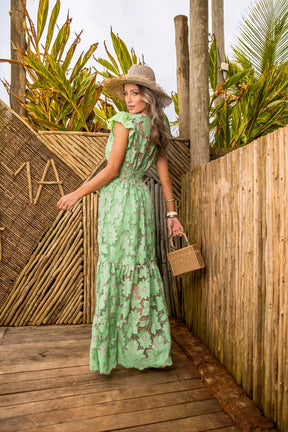 Vestido Glória Longo de Renda Bicolor Verde com Bege