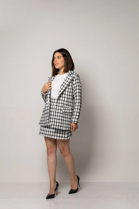 Blazer de Tweed Flora Branco com Preto