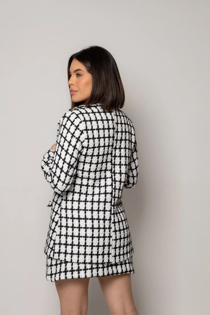 Blazer de Tweed Flora Branco com Preto